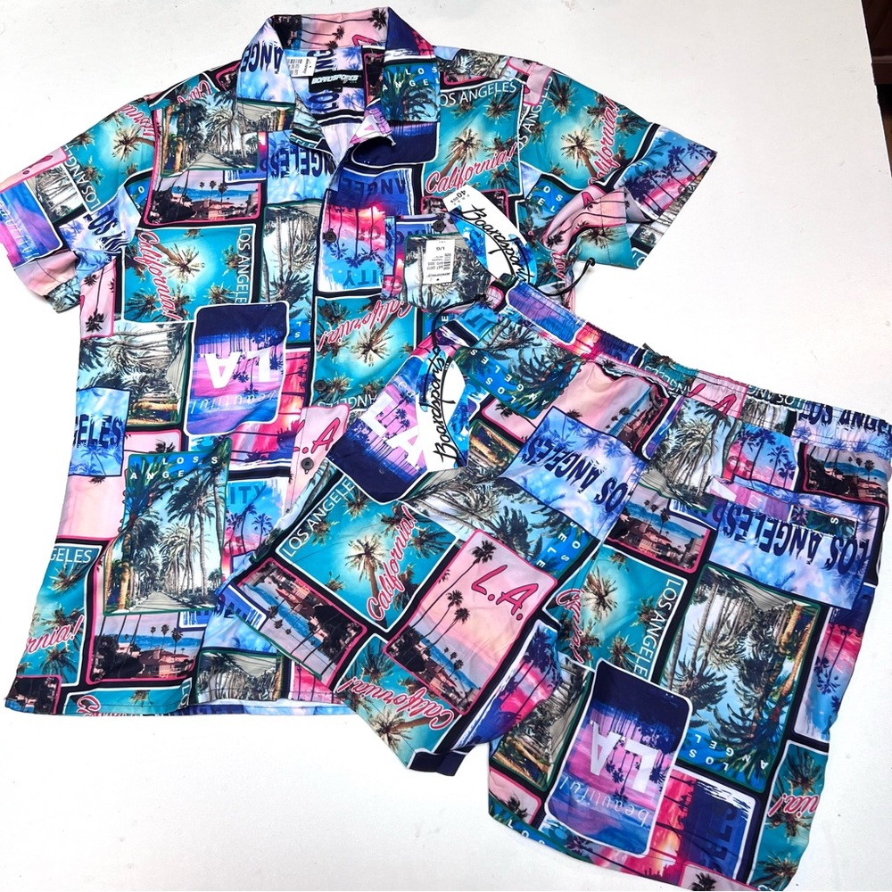 Board Sports Miami Style Swim Trunks And shirt Set Sz L. California Theme